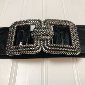 Symmetrical Silver Buckle Wide Elastic Waist Minimalist Dress Belt Black